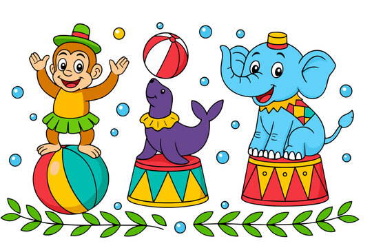 Cartoon circus animals performing tricks with monkey, seal, and elephant, colorful vector style, playful mood for Circus Day concept
