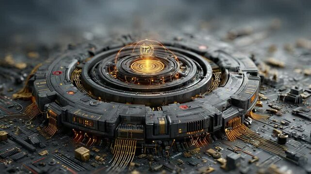 Futuristic design featuring a circular mechanism with intricate details and glowing elements.