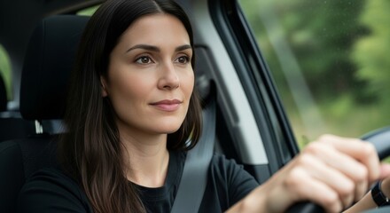 Portrait of a serene and attentive female driver, symbolizing safe and confident navigation, or a relaxing journey.