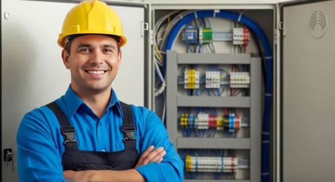 A smiling electrician in a yellow hard hat and blue work uniform stands confidently with folded arms in front of an open electrical panel.