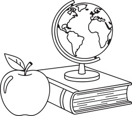 Global education concept with apple, books, and a world map on a white background