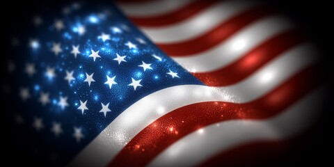 Stylized abstract waves of the American flag with glowing stars and dynamic motion on a dark backdrop