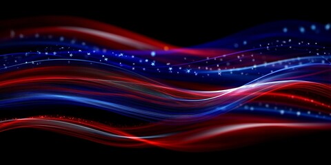 Dynamic abstract illustration of the American flag in motion, featuring flowing red, white, and blue waves on a dark background