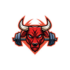 Modern bull head with barbell horns logo design, strong power gym emblem, fitness brand icon, aggressive sports vector, bodybuilding, strength training, athletic, muscle, workout symbol.