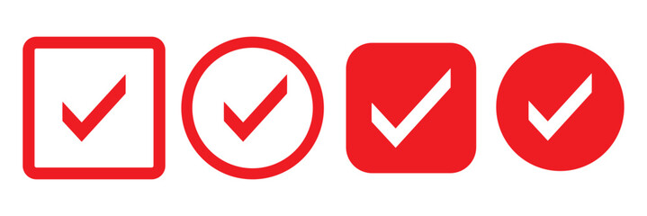 Red check mark icon. Verified badge, verification symbol set. Check mark illustration on white background. Red check mark icon and Approved, Accept icon. vector illustration.