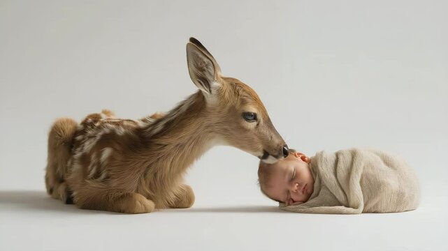 Rehkitz schnuppert an schlafendem Baby im Fotostudio. K&uuml;nstliche Intelligenz KI