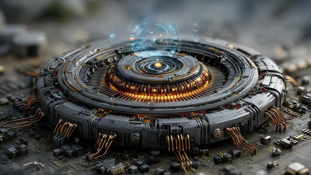 Futuristic technological device with glowing elements and intricate circuit designs.
