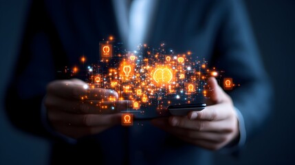 Businessperson holding phone, ideas flow, dark background, innovation concept