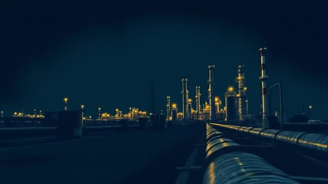 Industrial gas pipeline in oil refinery. Transportation of natural resources, production, power, energy. Night view, factory lights in the background. 4k video