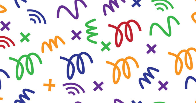 Seamless colorful abstract pattern with playful squiggles, crosses, and curve symbols on a white background. Perfect for kids’ designs, party  modern packaging, or fun creative projects.
