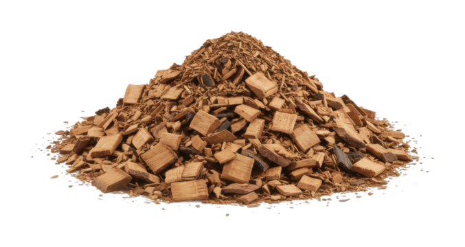 Wood chip pile lumber yard natural material outdoor ground level sustainability concept
