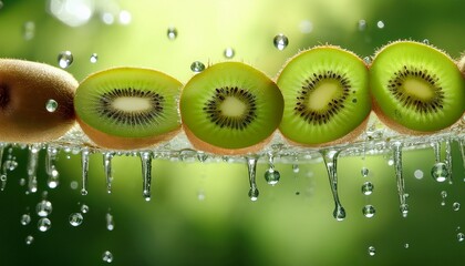 fresh kiwi slices dripping with water on a blurred green background