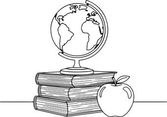 Global education concept with heart-shaped books, an apple, and a world map illustrating the sphere of knowledge and literature