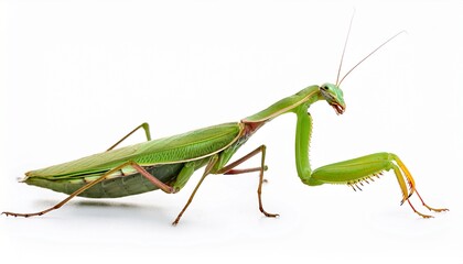 Green Praying Mantis Insect Closeup Studio White Background