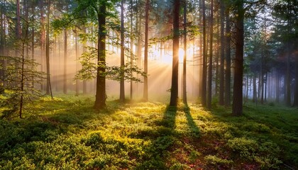 Naklejka premium a misty forest floor is illuminated by the soft glow of dawn as sunlight filters through the trees gentle light serene scene misty forest tree canopy sun rise