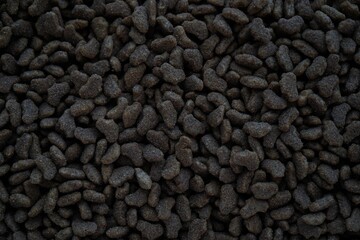 Pet Food Texture. Lot of Dry Granules of Crunchy Dog or Cat Food. Rotating Background. Animal Feed...