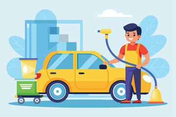 Car wash worker cleaning a vehicle with a vacuum and pressure washer in a bright, cheerful environment