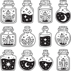 Mystical Potion Jar Doodle Set with Crystals Leaves Stars and Moons in Hand-Drawn Style