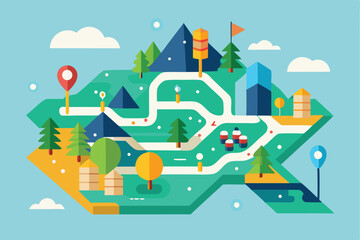 Visual representation of a simple flat geometric map concept featuring roads, vegetation, and structures, ideal for exploration and navigation in a fun, colorful design