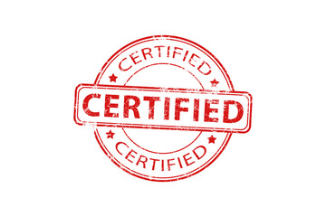 Certified Vector Stamp. Grunge red rubber stamp or badge with text "certified". Certification symbol, concept.