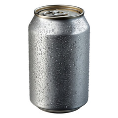 Silver aluminum soda can with condensation isolated on transparent background