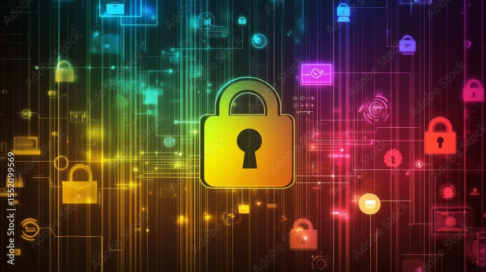 Poster unlocking digital security glowing lock above web technologies virtual environment cybersecurity con