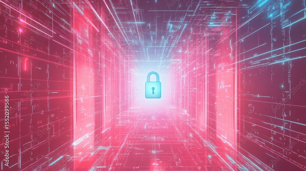 Poster hovering digital lock securing tech grid virtual environment cybersecurity concept