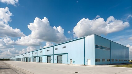 Obraz premium Modern Light Blue Industrial Warehouse Building with Many Doors and Cloudy Blue Sky