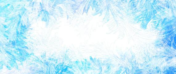 Blue winter vector background with frozen glass pattern and ice for cover design, cards, flyer, poster, banner. Hand drawn Christmas illustration. Merry Christmas! Happy New Year! Snow.