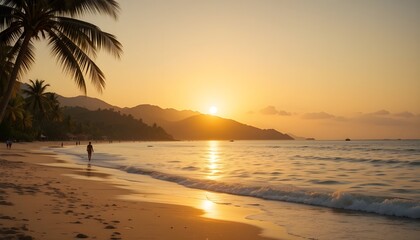 Golden sunset over a tropical beach with palm trees and distant mountains casting long shadows