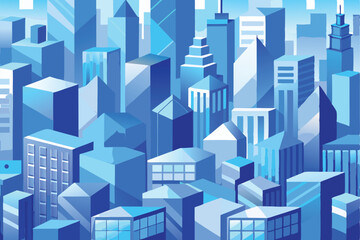 Light blue abstract urban seamless pattern featuring skyscrapers and modern buildings in a geometric design with various shades of blue