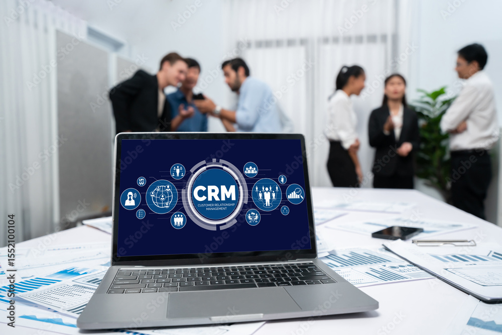 Aufkleber customer relationship management system on brisk computer for crm business and enterprise