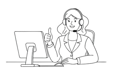 Single line drawing of a woman operator in a headset, working at a desk, giving a thumbs up during a customer service call with a computer in front of her in a professional setting