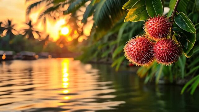 rambutan on branch in kerala backwaters orbit left video