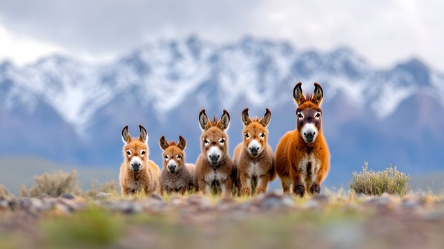 Donkey family walking, mountains background, wildlife, nature