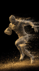 Obraz premium abstract golden rugby player in motion, running with ball; golden particles sport abstraction; perfect as a mobile web banner