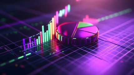 Rising Market Pie chart, stock graphs, financial data, neon glow, investment analysis