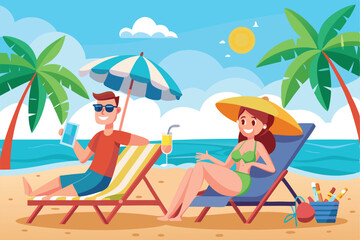 Cartoon-style vacationers relaxing on a sunny beach while enjoying drinks and a leisurely day by the ocean