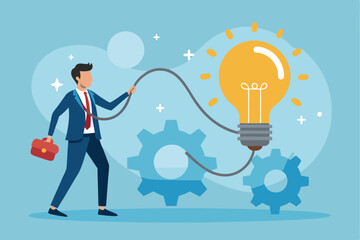 Project initiation concept featuring businessman connecting ideas with gears in a creative work environment
