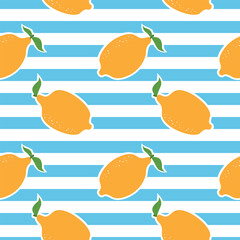 seamless background with fruits, seamless pattern with lemons in the style of Italian summer. Lemons on a background of blue and white stripes