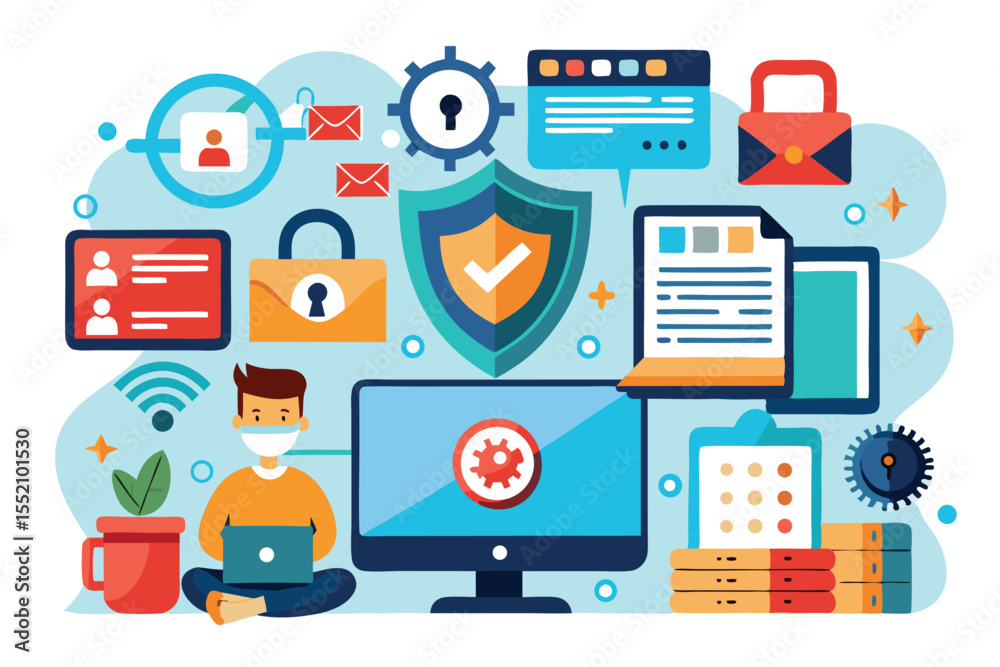 Poster online cyber data security concept showcasing various elements of personal data protection and digit