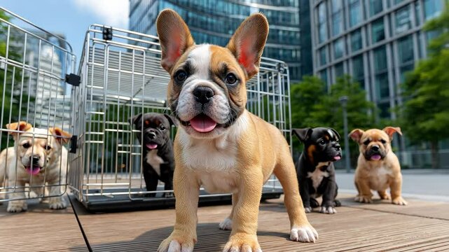 Cute puppies explore outdoor area near modern buildings while waiting for new homes at adoption event in city park