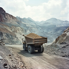 Naklejka premium Heavy dump truck transporting gold ore load