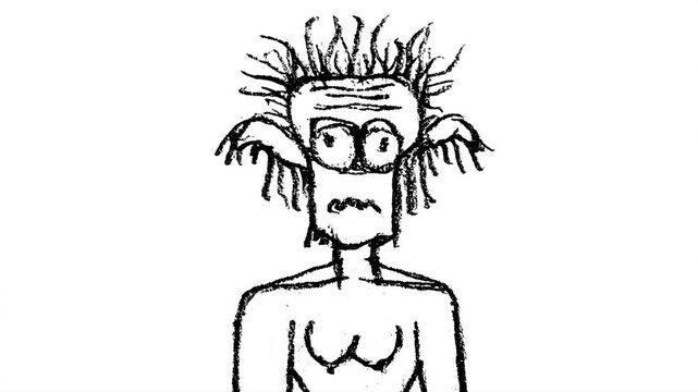 Front view medium shot portrait of black and white colors sketchy hand drawn monster with sad expression 2d looped animated video

