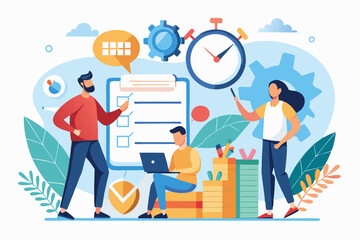 Men collaborate on planning and time management concepts in a modern workspace, showcasing strategy and teamwork for effective project execution