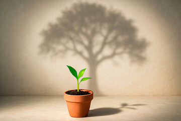Small Plant in Pot Casting Large Tree Shadow - Growth and Potential Concept