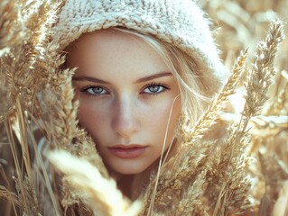 Serene woman in cozy hat amidst golden wheat field.