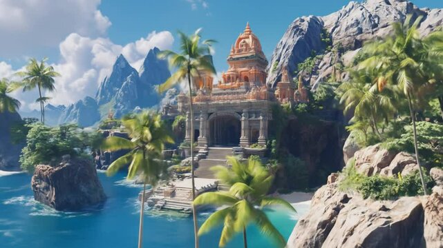 Island temple paradise amid swaying palms