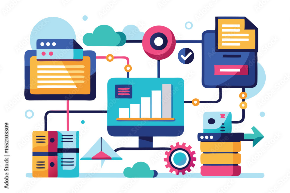 Poster automated data transfer concept illustrating network connections and data flow with colorful graphic