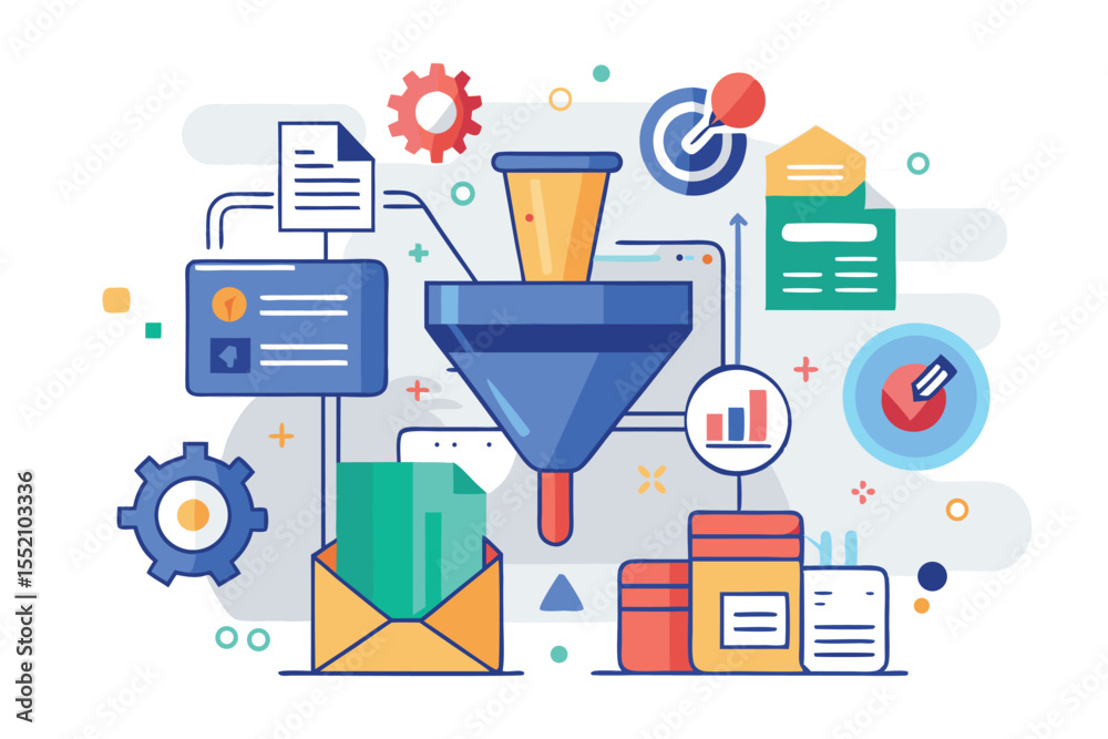 Poster visual representation of data gathering and processing concepts with funnel and analytics elements f